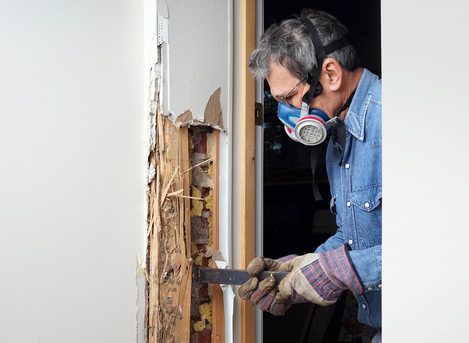 Technicien examinant un encadrement en bois dégradé par les termites