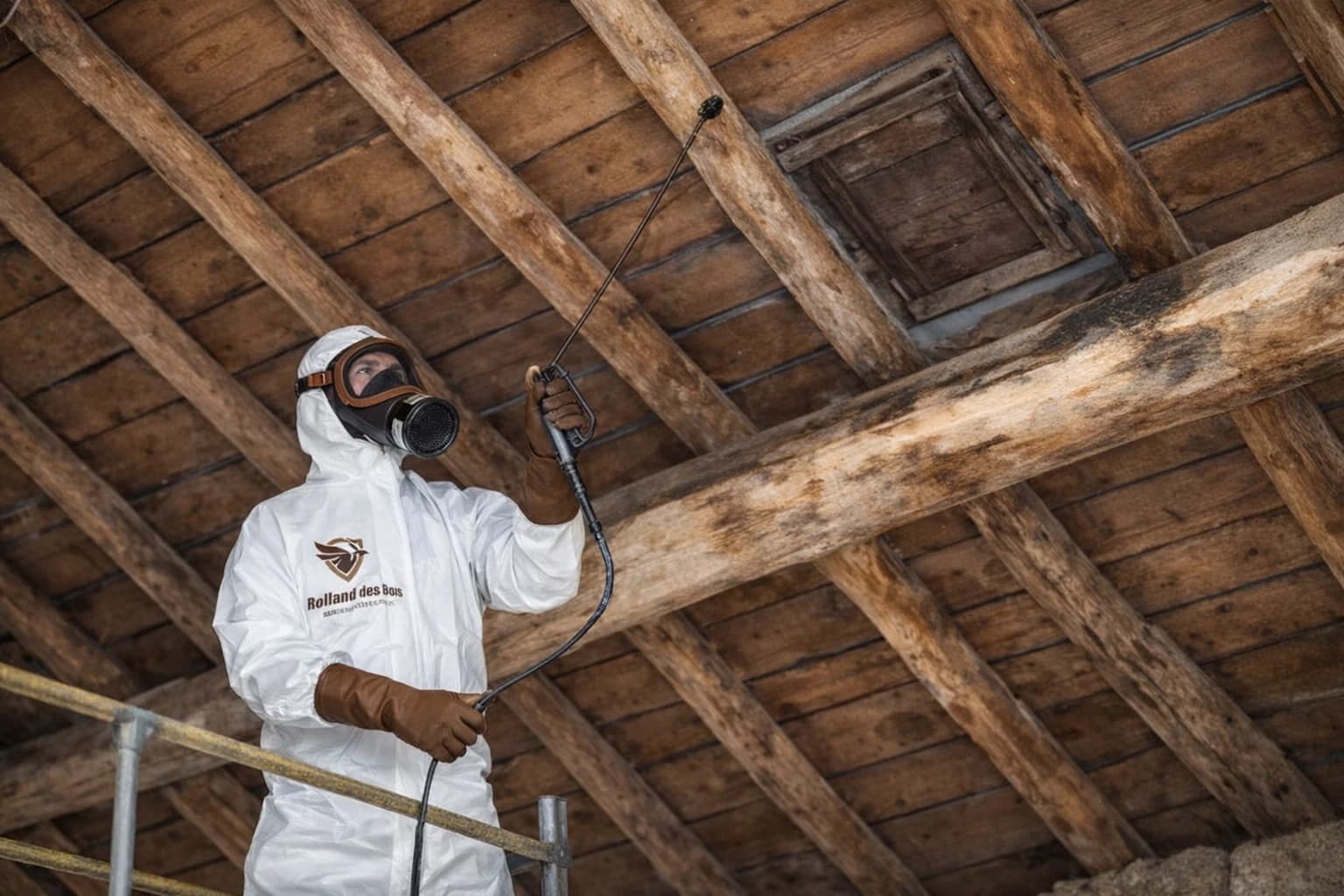 Technicien en combinaison appliquant un traitement sur les bois de charpente